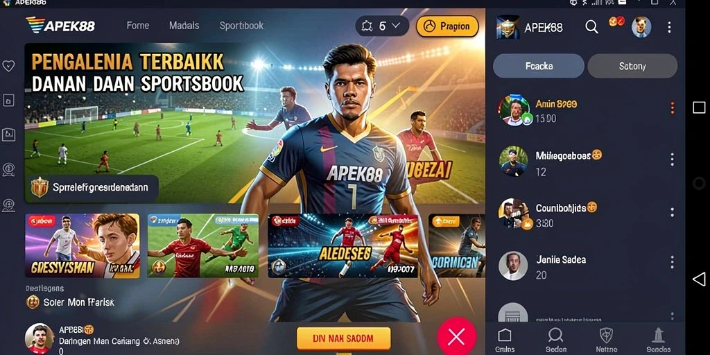 Screenshot utama APEK88 menampilkan tampilan antarmuka pengguna Sportsbook yang menarik.