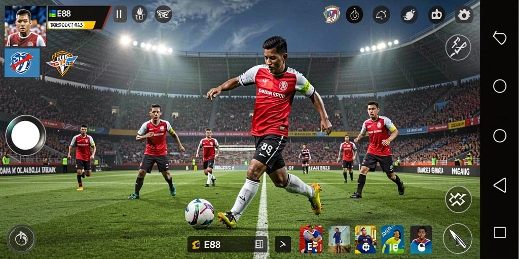 Tampilan aksi gameplay seru di E88, menghidupkan sepak bola.