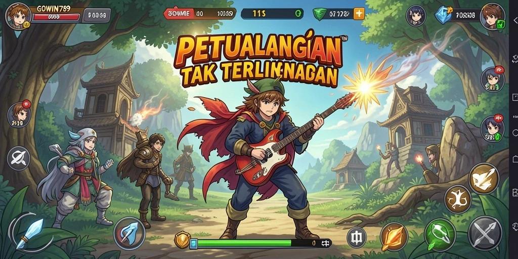Screenshot GOWIN789 menampilkan pertempuran seru dengan karakter anime.