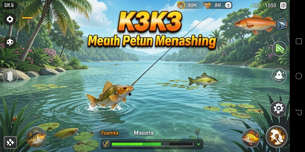 Tampilan gameplay K3K3 menampilkan aksi seru saat memancing ikan.
