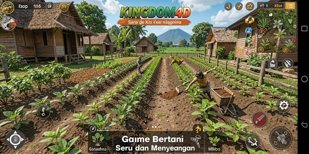 Screenshot gameplay KINGDOM4D yang menampilkan aktivitas bertani.