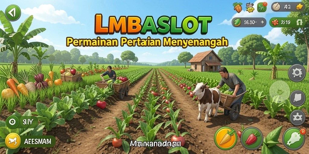 Screenshot gameplay LMBASLOT menunjukkan ladang pertanian yang subur dan beragam tanaman.