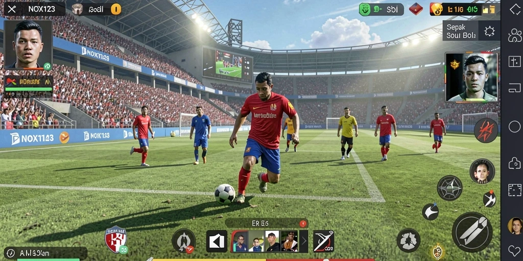 Tampilan gameplay nyata dari NOX123 yang menampilkan aksi sepak bola mendebarkan.