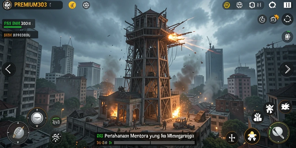 Tangkapan layar utama PREMIUM303 menampilkan aksi menara pertahanan yang seru.