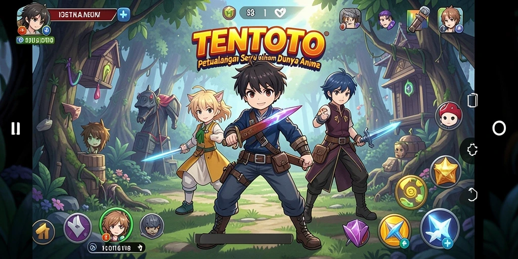 Screenshot utama TENTOTO menampilkan aksi seru karakter Anime.
