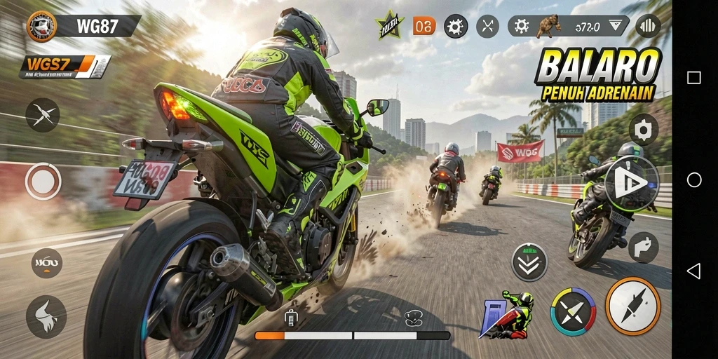 Tampilan gameplay mendebarkan di WG87 dengan motor balap yang cepat.