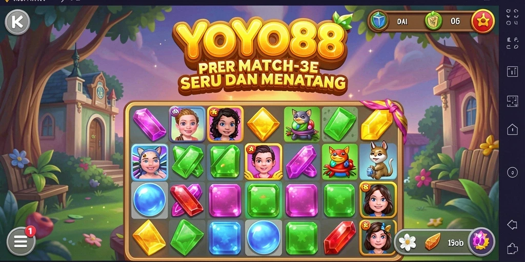 Gameplay Match-3 YOYO88 yang menakjubkan dan penuh warna.